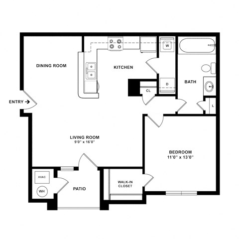 Floor plan for 1 bed, 1 bath, 713 sqft